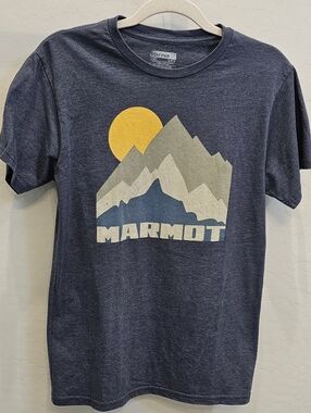 Marmot Navy Mountain Graphic Tee with Yellow Sun